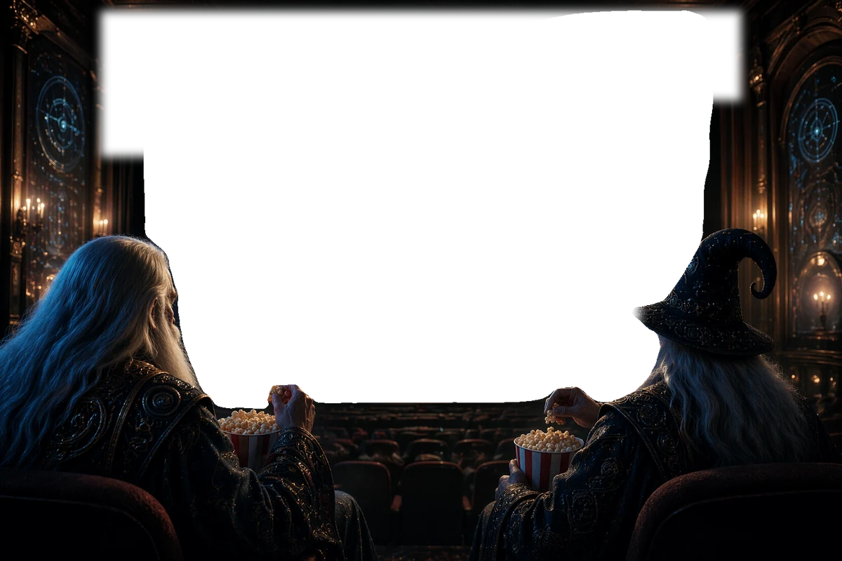 Two wizards in a cinema watching the WebspinnerFX reel on the big screen.